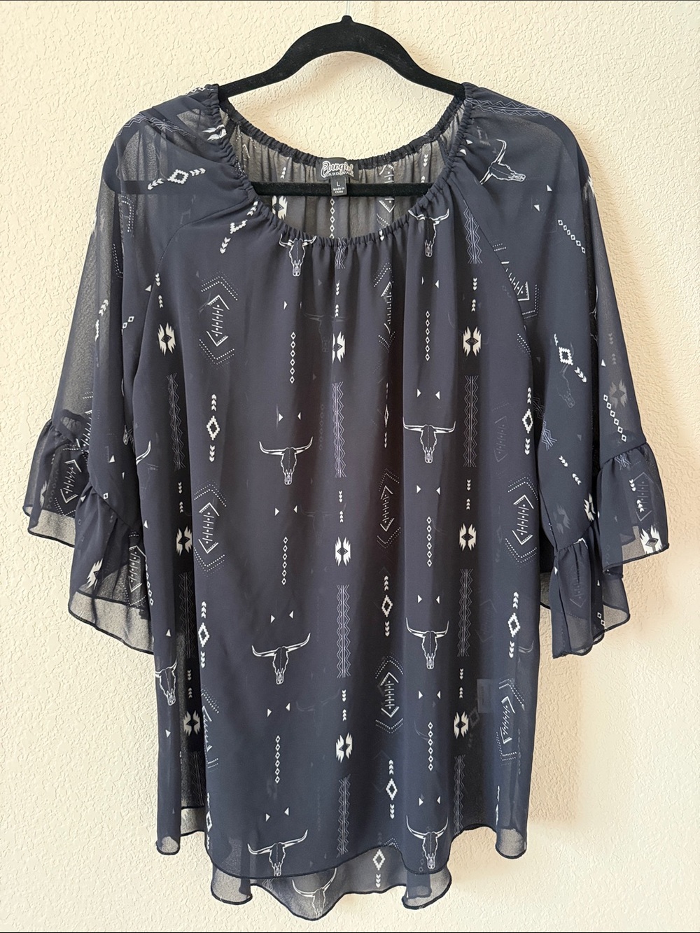 Sheer black Cowgirl Hardware Skull Aztec print